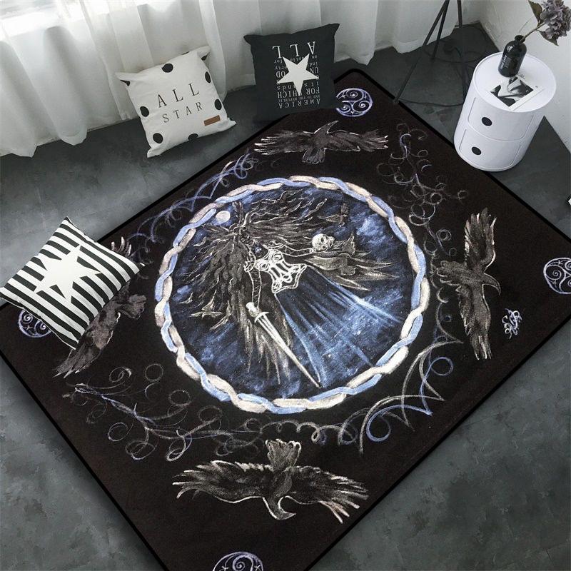 Triple Moon and Pentagram Altar or Tarot Witchy Floor Mat Black Witch Rug Gothic Decor Phases Divination Runic Carpet