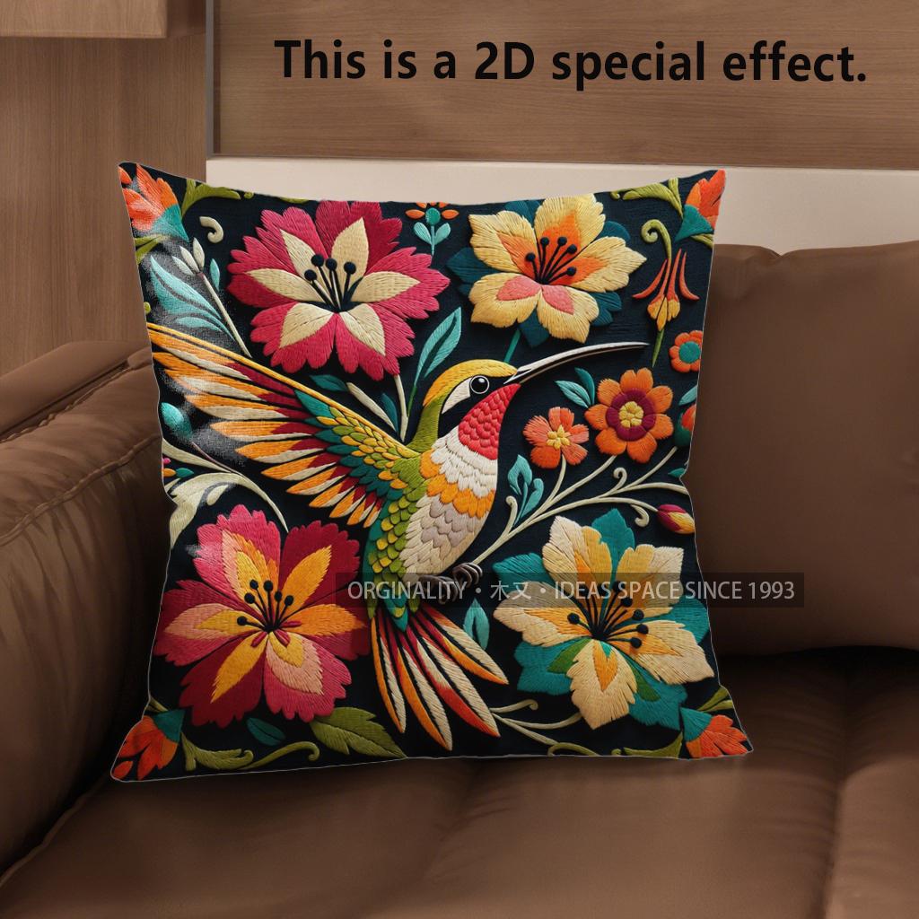 2D Bohemian Hummingbird Floral Throw Pillow Covers Pattern Cushion Cover Suitable For Sofa Bedroom Car Pillow Cover