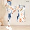 Women Plus Size Two Piece Set Scoop Neck Sleeveless Floral Printed Longline Tank Top Fitted Pants