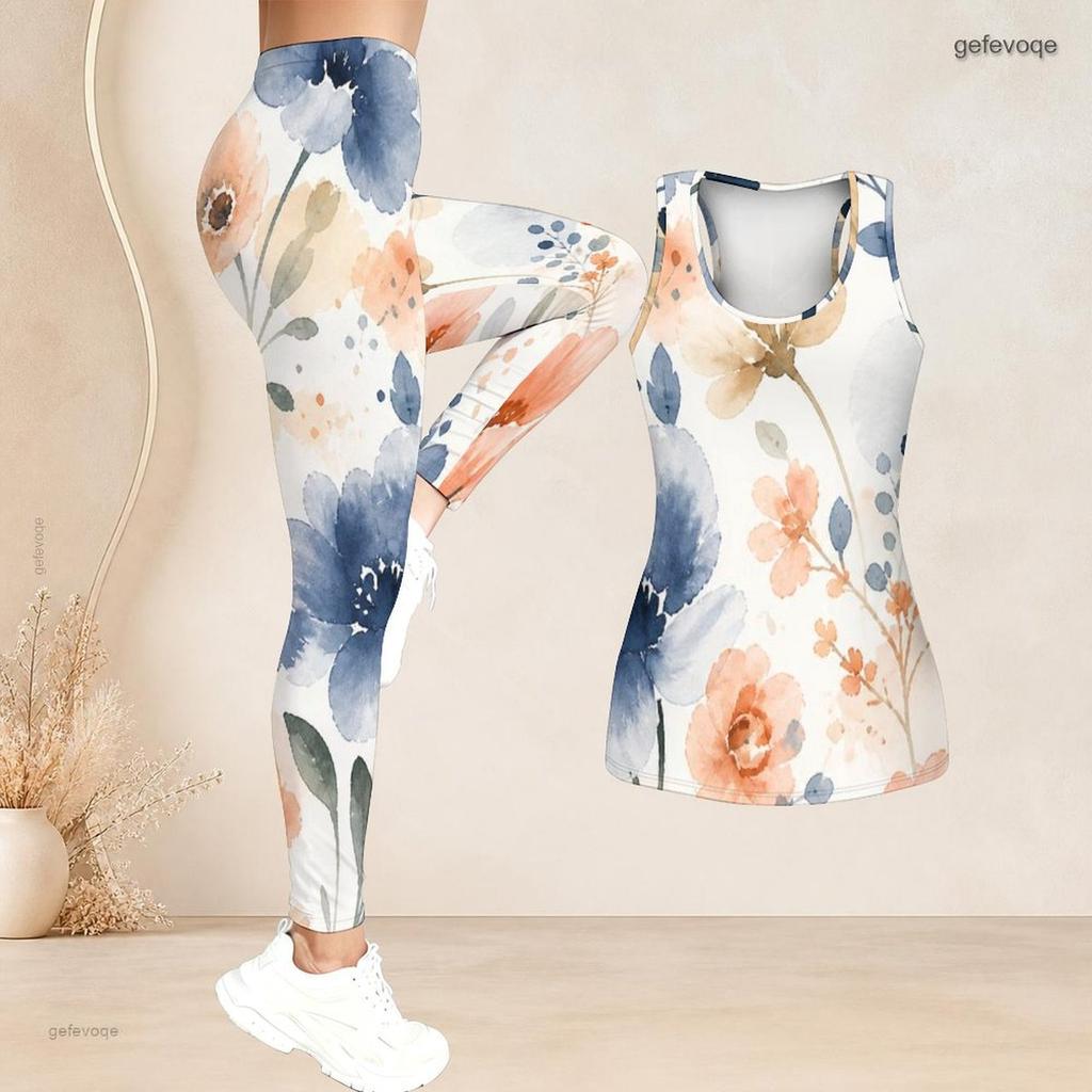 Women Plus Size Two Piece Set Scoop Neck Sleeveless Floral Printed Longline Tank Top Fitted Pants