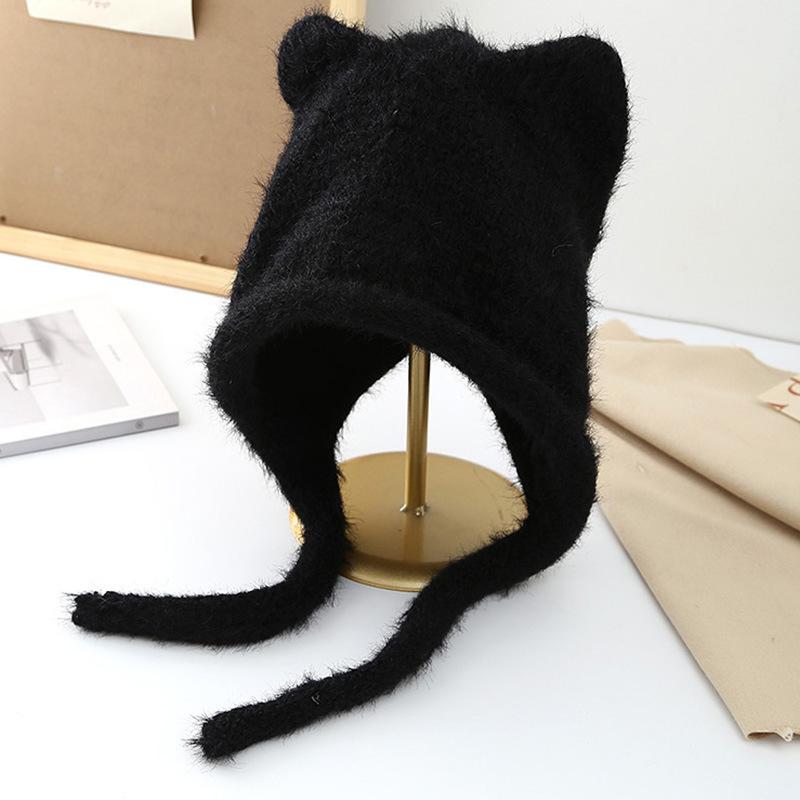 New Rope Cute Cat Ears Knitted Hat Autumn and Winter Warm Ear Protection Hat Fashionable Face Small Wool Hat