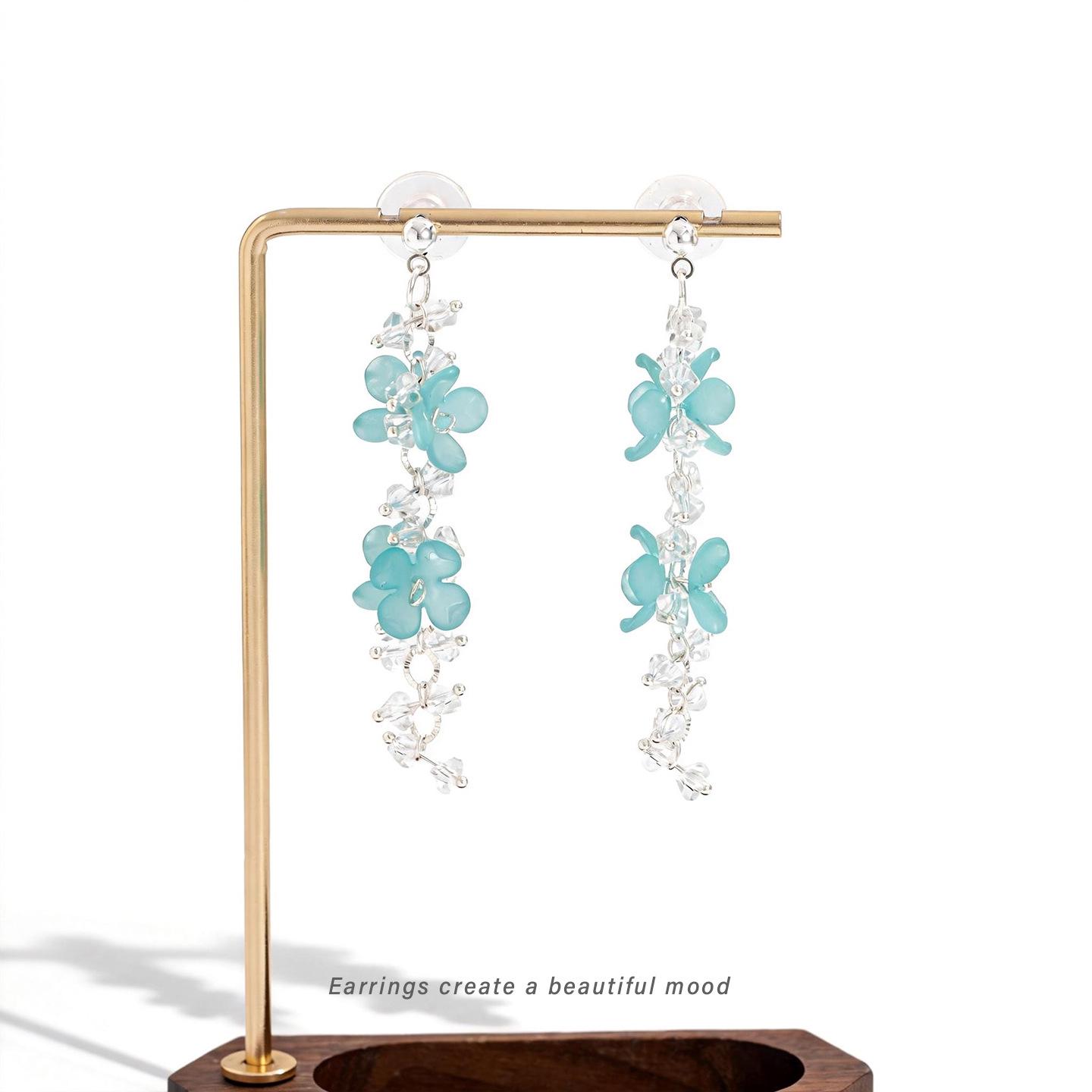 Серьги с кисточками из хрусталя, светло-голубой цветок, сказочные