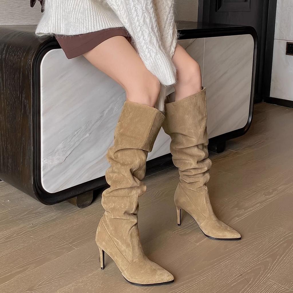 Cowboy Pile Boots Pointed Stiletto Boots Women's 2025 New Suede Super Long Tall Knee Khaki Boots