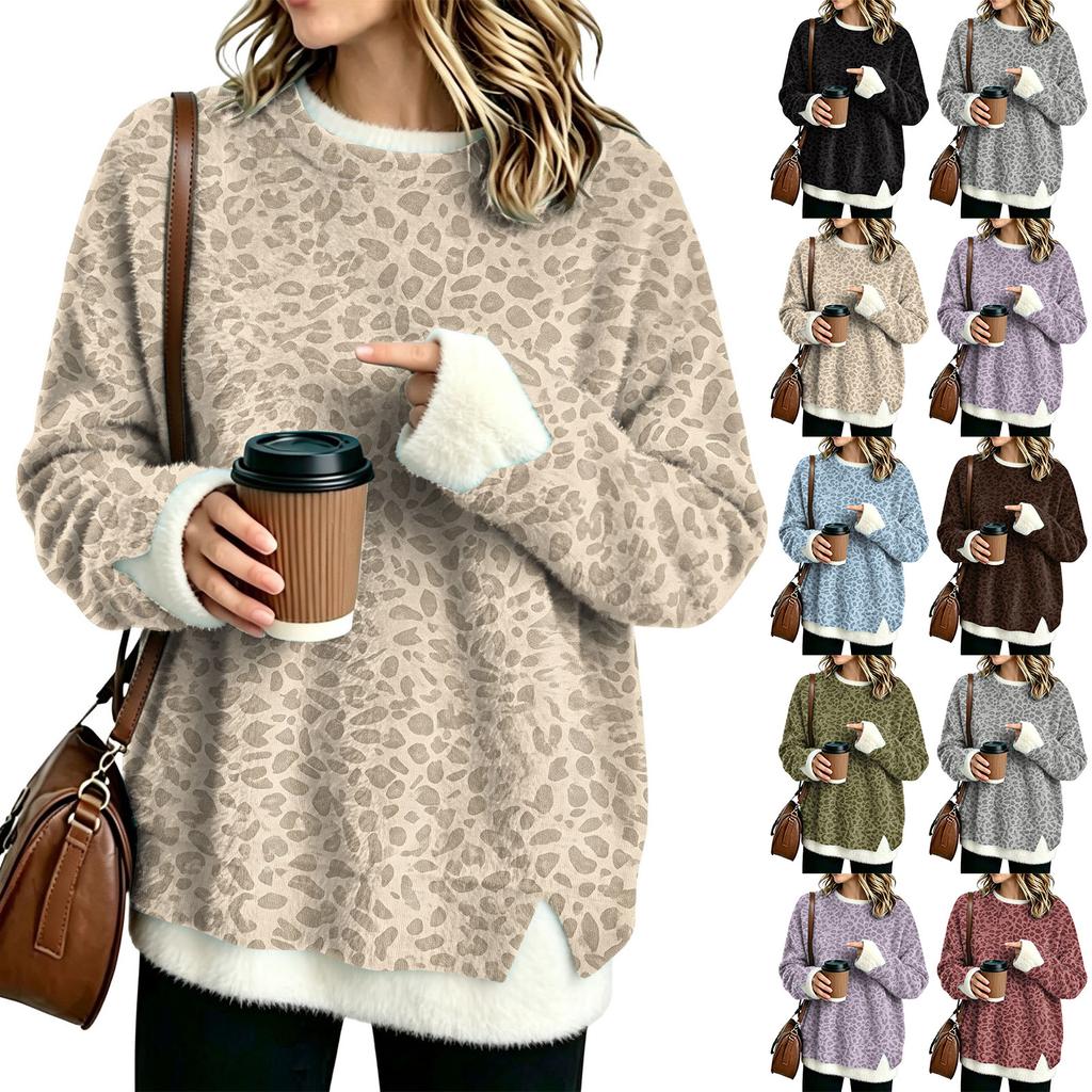 Women's Fashion Flannel Neck Two-Piece Leopard Print Top, Casual Paneled Blouse