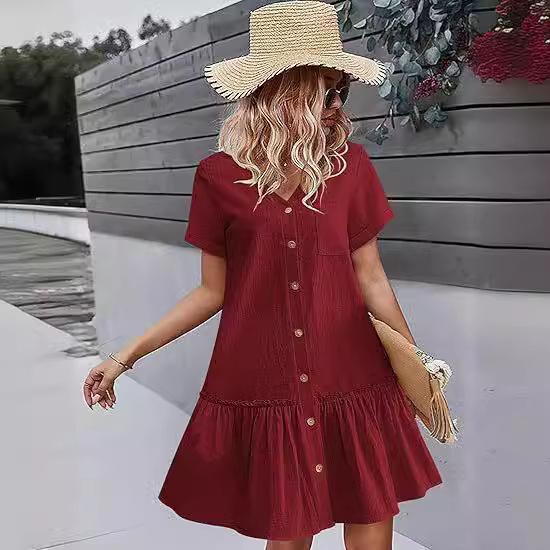 Women's Summer 2025 Casual Ruffle Hem Pocket Dress with Short Sleeves