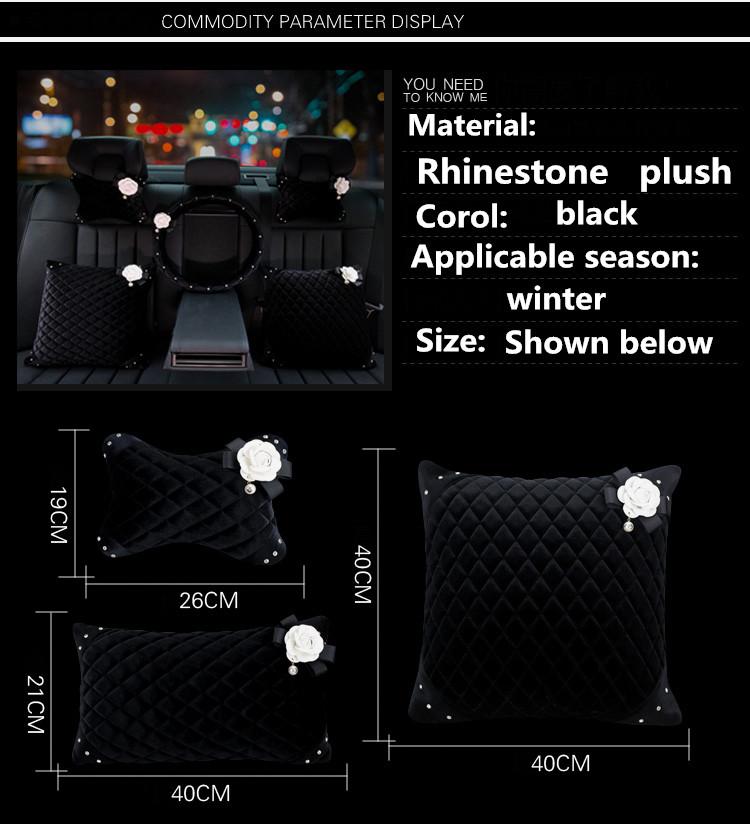 Fashion Soft Plush Crystal Car Neck Headrest Pillow Pearl Camellia Flower Auto Seat Neck Pillow Velvet Head Support Accessory