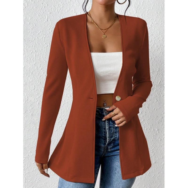 IHUASU Women's Vintage Casual Solid Color Print Autumn Winter Long Sleeve POLO Neck Jackets & Coats
