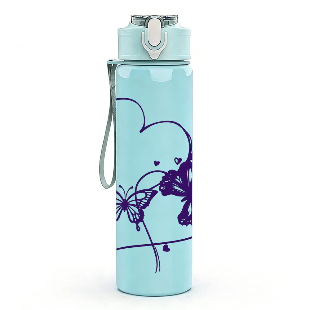 1PC Purple Butterfly Thin Heart 750ml Color Plastic Sports Water Bottle Leakproof Flip Straw Lid Suitable for Sports Office Home Use