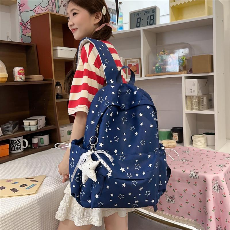 Navy Blue Star Print School Backpack with Frt Pocket Side Drawstrings Adjustable Straps Casual Daypack