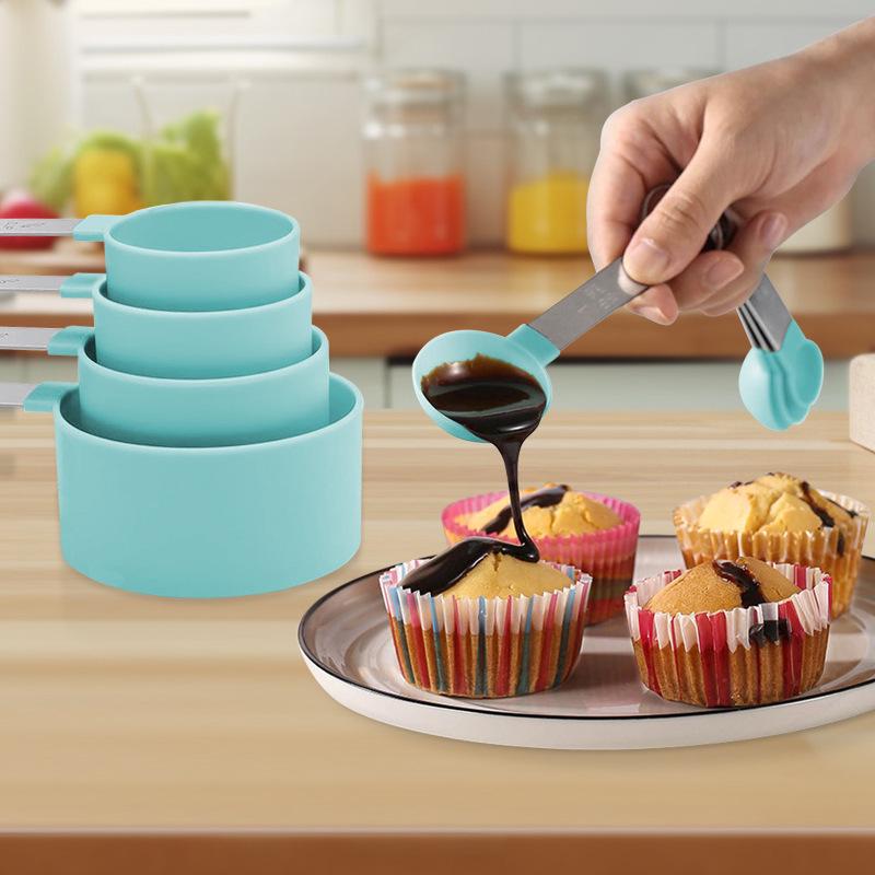 8-Piece Stainless Steel & Colored Plastic Measuring Spoon and Cup Set with Scale for Seasoning and Milk Powder