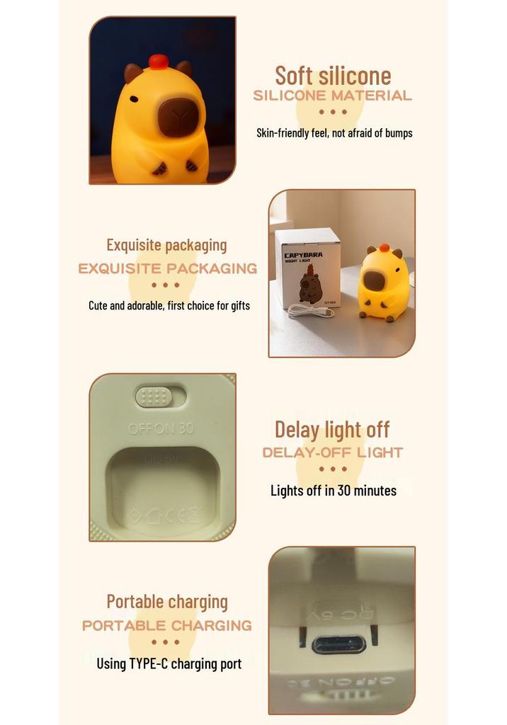 Capybara Silicone Night Light - Tap-Activated Cute Bedside Desk Lamp