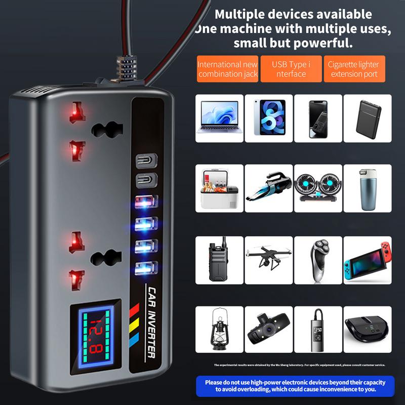 Car Converter 12V/24V to 220V 9 Charging Ports Portable Automotive Charger Inverter 3 USB OC3.0 PD 2TYPE-C Ports Power Adapter