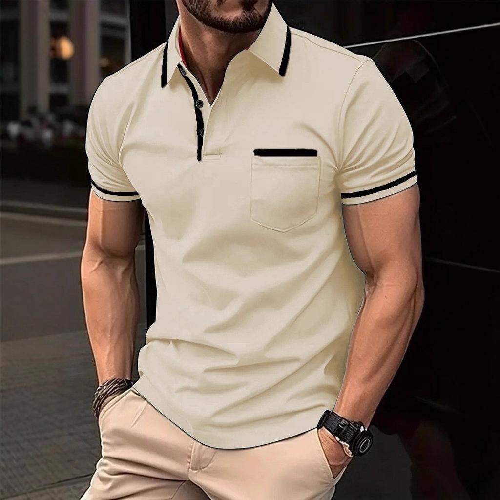 Men Clothes Summer Casual Short Sleeve Lapel Golf Polo Shirt Pocket Stitching Tops Polo Shirt