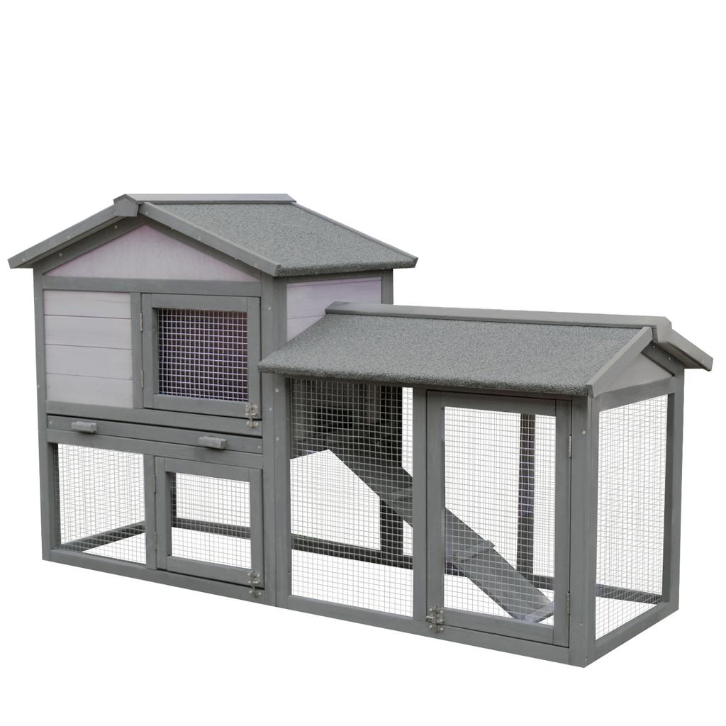 Outdoor Wooden Rabbit Hutch with House, Open Enclosed Space and Roof 147x54x84cm