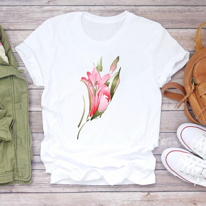 (European Size)90s Women Print Lady Female Plant Sweet Watercolor Style Tee Top Fashion T Shirt Clothing Casual Short Sleeve Graphic T-shirt