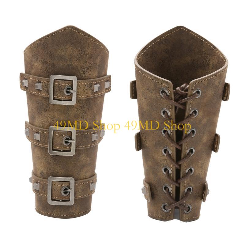 49MD Adjustable Wide Cuffs Men Cosplay Vintage Knight Wristbands Adjustable Metal Hole Gauntlets Gothic Wrist Armors