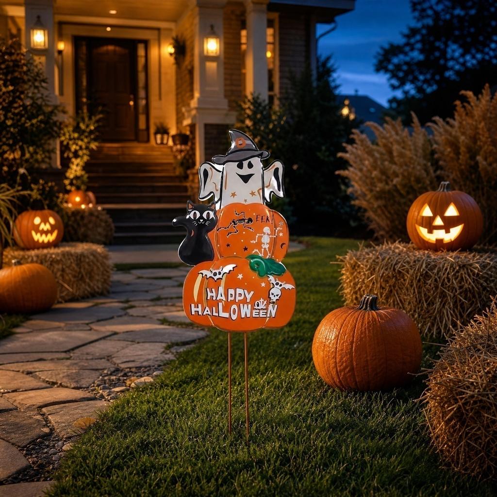Metal Halloween Pumpkin Yard Stake Outdoor Lawn Decoration Ghost Cat Skeleton Bat Design Halloween Garden Ornament