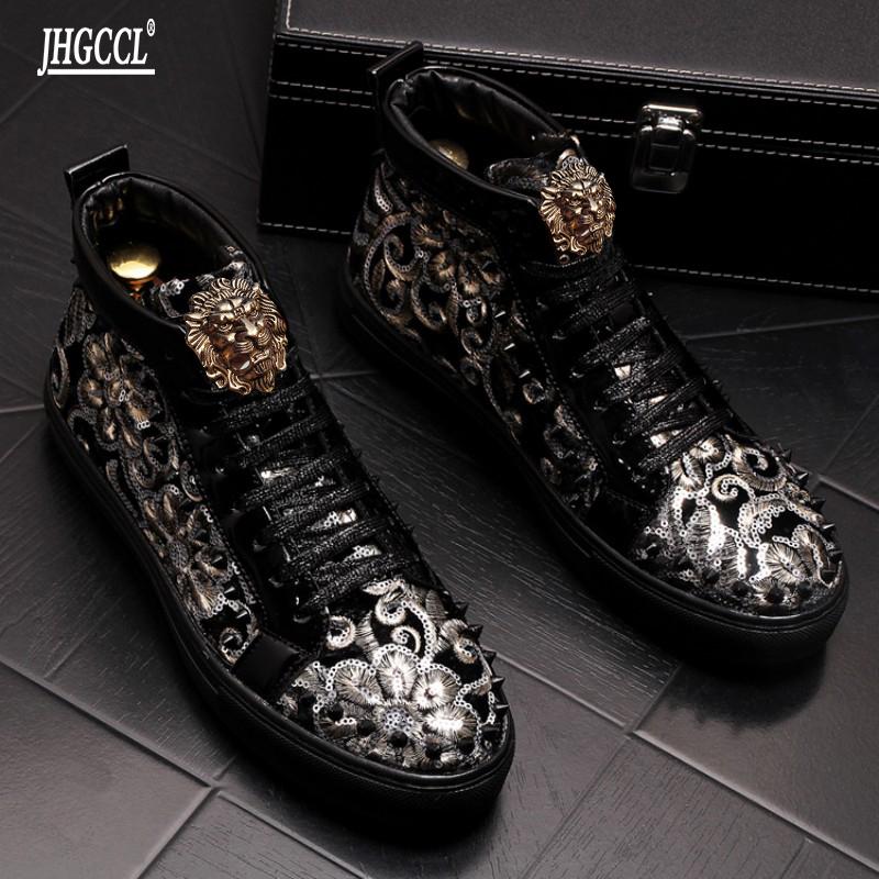 Fashion Men's Fashion Casual Short Ankle Boots Spring and Autumn Rivets Luxury High Top Shoes A7