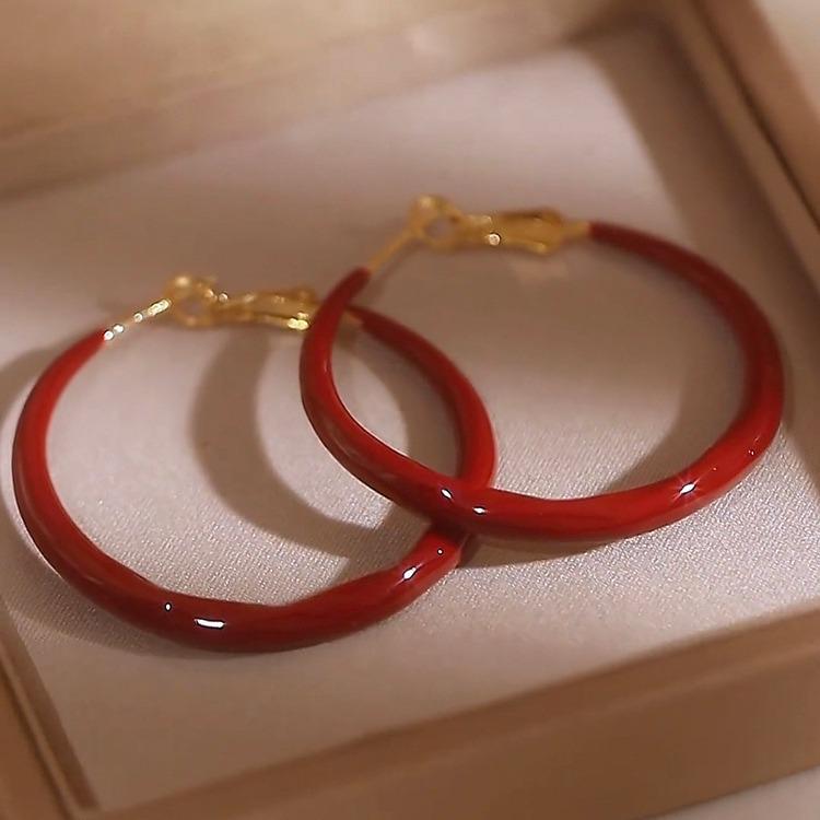 Red Round Hoop Oil Painting Earrings – Elegant, Simple, Luxury Design.