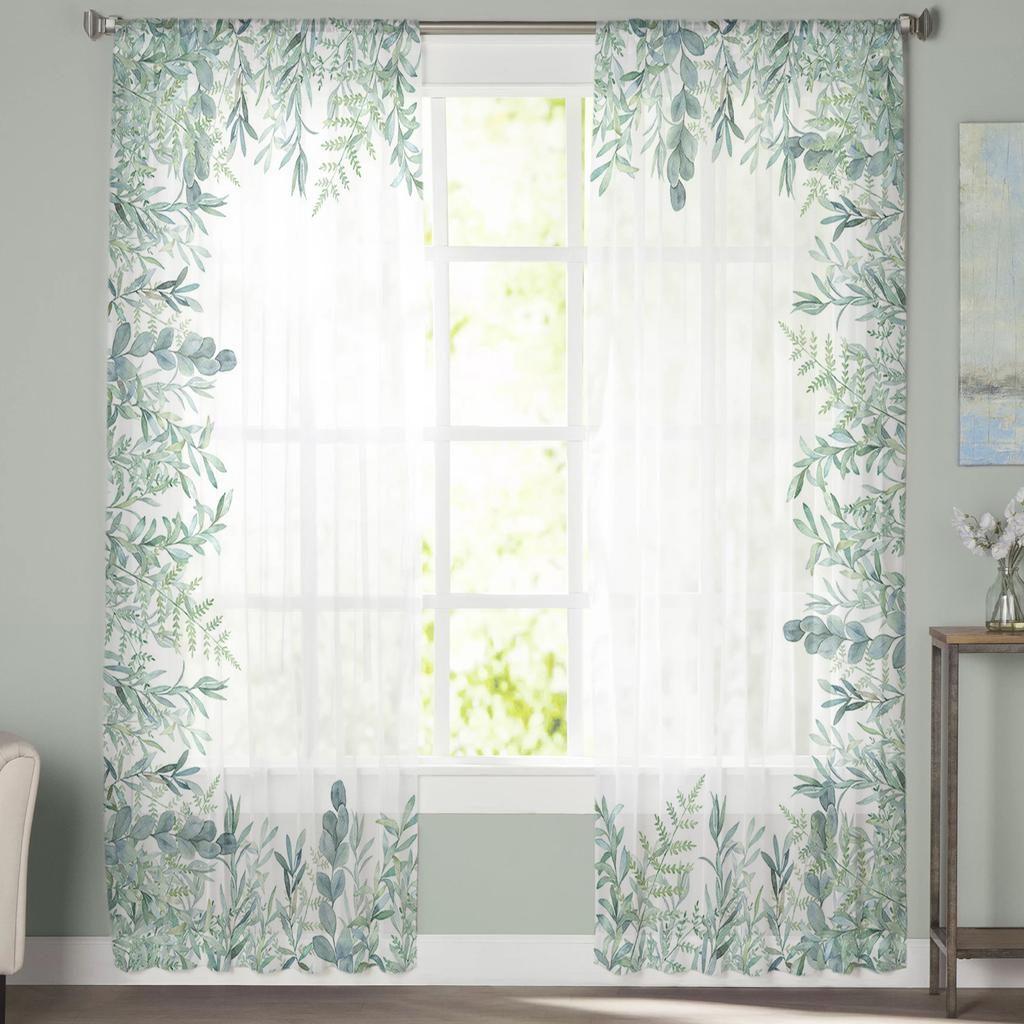 Watercolor Eucalyptus Leaves Abstract Window Curtains Sheer Chiffon Tulle Curtain Home Living Room Backdrop Decoration