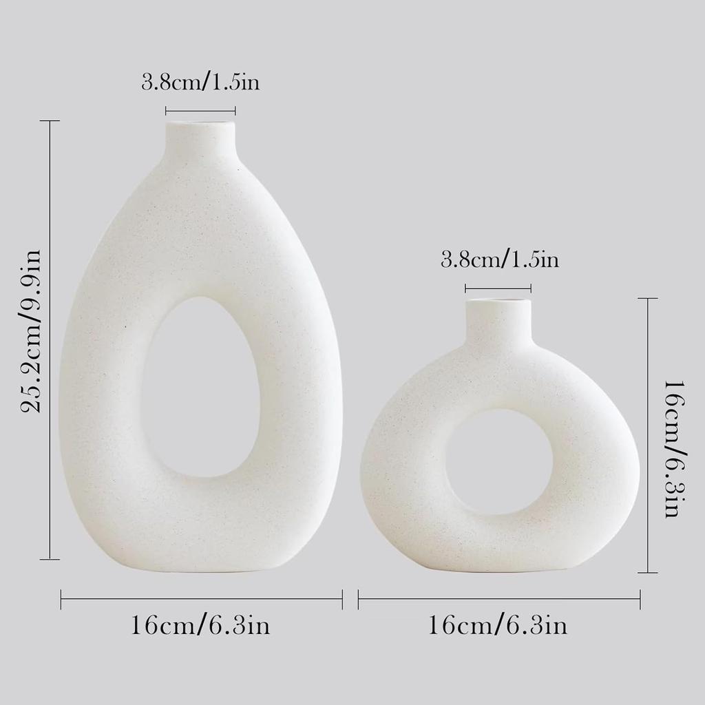 White Ceramic Vase Set of 2 for Home Decor, Round Matte Donut Vases for Pampas Grass, Nordic Style Flower Vases for Living Room Table Office Bedroom