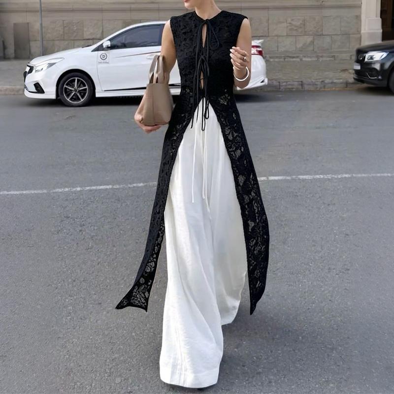 

ZANZEA Women Casual Round Neck Sleeveless Lace Long Cardigan Tops 2XL чорний