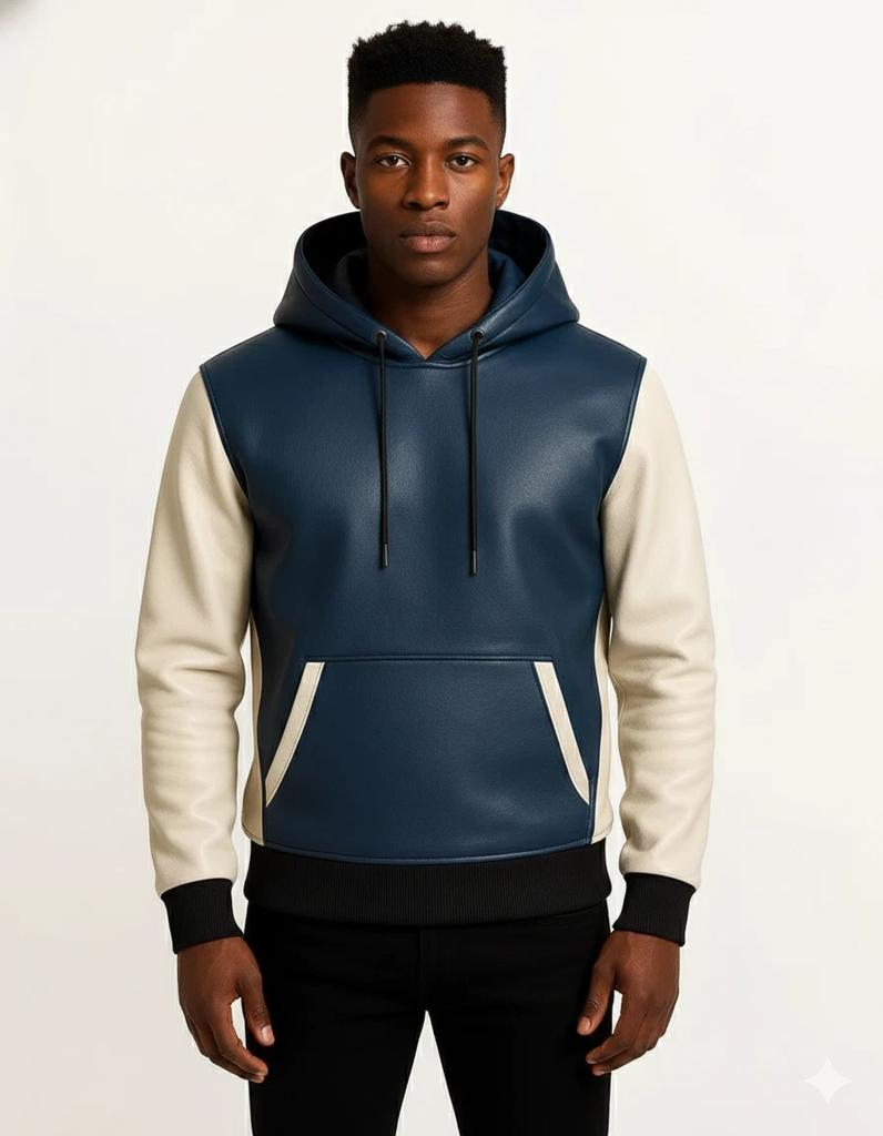 Men's Classic Jacket Handmade Hoodie Navy Blue Lambskin Leather Genuine Biker
