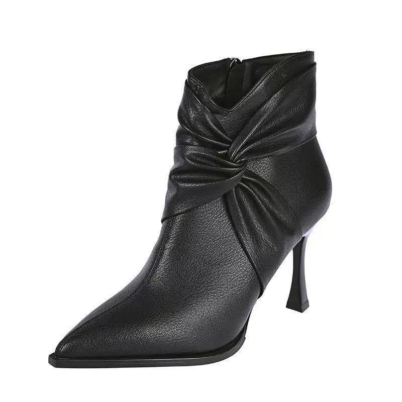 Fashion Pointed Toe Ankle Boots Women High Heels Shoes Fad Leather Pleated New Winter Elegant Pumps 2025 Dress Party Zapatillas De Mujer