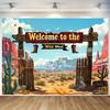 1 Wild West Welcome Polyester Background - Cowboy Boots and Cactus Desert Scenes, Suitable for Western Parties, Birthdays
