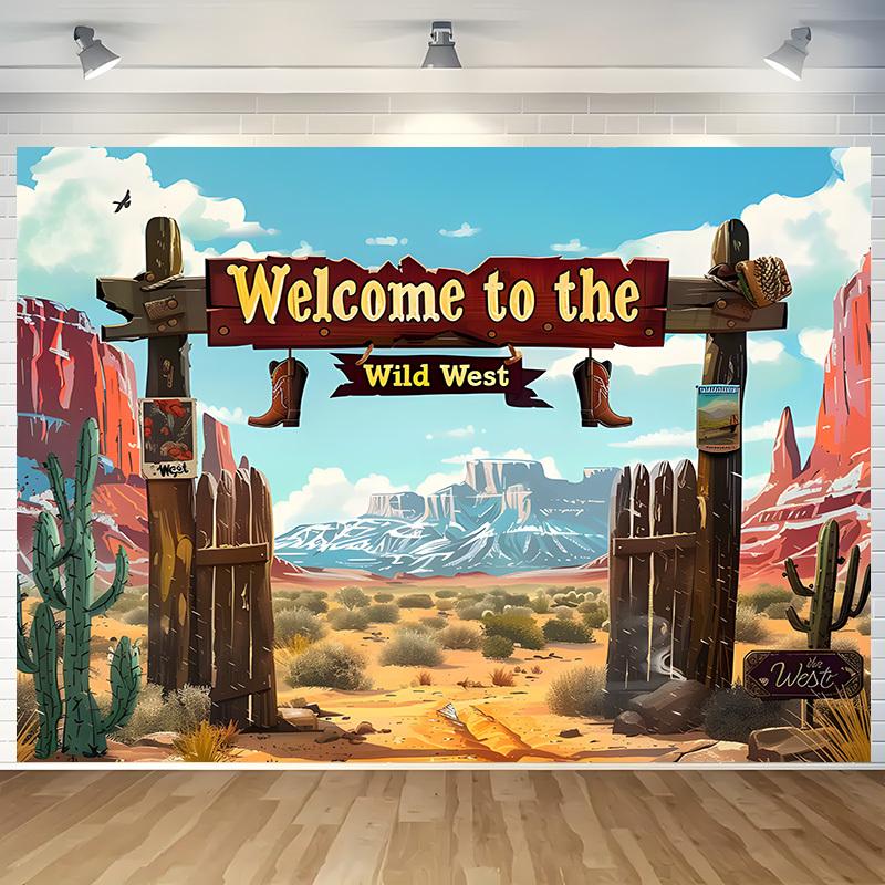 1 Wild West Welcome Polyester Background - Cowboy Boots and Cactus Desert Scenes, Suitable for Western Parties, Birthdays