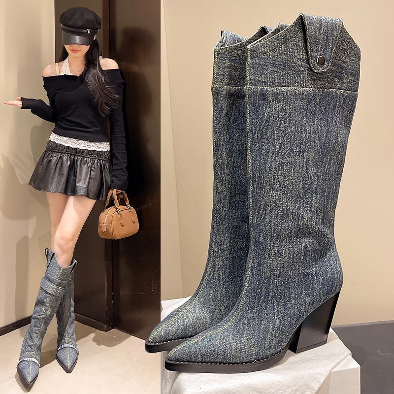 Fashion Knee High Boots Female Autumn Casual Slip on Women Shoes Square High Heels Solid Denim Square Buckle Motorcycle Boots