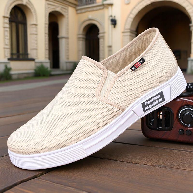Old Beijing Cloth Shoes for Men, Breathable Fly Woven Men's Shoes, Soft Soled Anti Slip Driving Shoes, One Foot Lazy Shoes