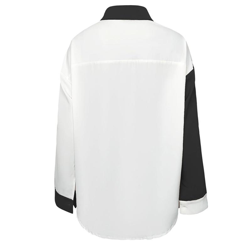 Long Sleeve Elegant Shirt Blouse White Black Button Vintage Turn Down Collar Office Ladies Shirt Casual Color Block Shirts