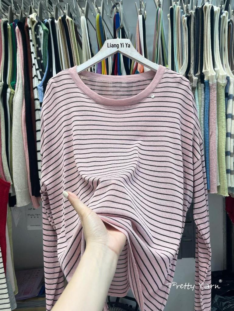 Relaxed Lightweight Summer Striped Knitwear: Women's Long Sleeve Loose Sun Protection Pullover Top