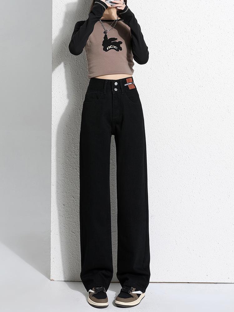 Women s High-Waisted Wide-Leg Jeans - Black-Gray Petite Floor-Length Pants for Spring/Autumn 2XL