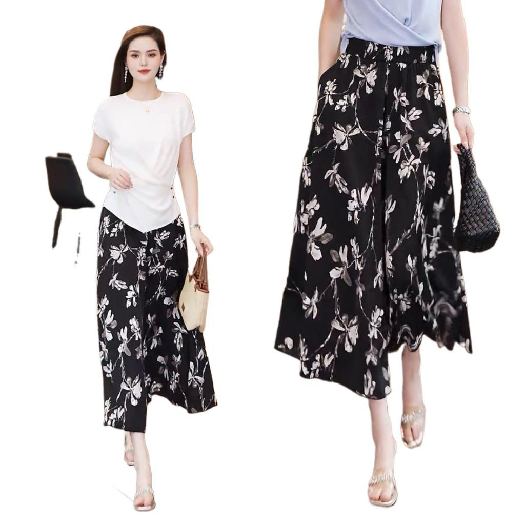 Plus-Size Ink Painting High-Waist A-Line Ice Silk Skirt Pants - Thin, Loose, Versatile Style for Women