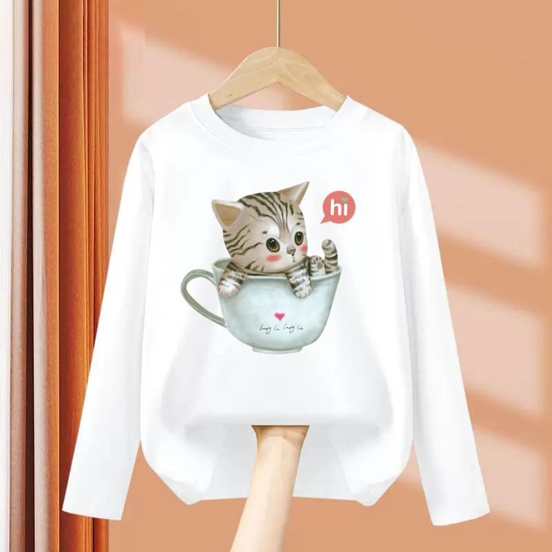 Kid Long Sleeves T-Shirt Fashionable Creativity Cartoon Kitty Cute Cat Print Autumn Casual Sports Versatile Comfortable Loose T-Shirt