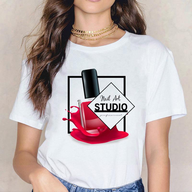 Kpop Fashion Cosmetics 3D Nail Polish Print Tees Women Y2K Tops Summer White Loose Short Sleeve O-Neck Female T-Shirts Blouses