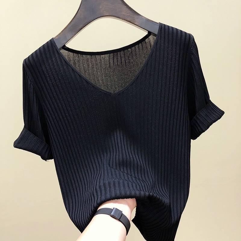 Ice Silk Women s Slim-Fit V-Neck Knit Top - Spring/Summer 2026 Trend XS (recommended for 60-70 jin)