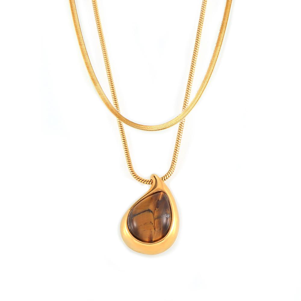 Stablet Tiger's Eye Pendant Bladkjede Titanium stålbelagt 18K gull lys luksus kragehalskjede