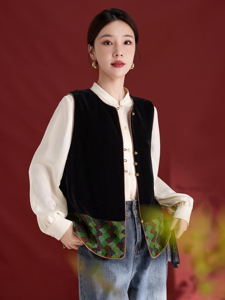Xiangyunsha Women's Retro Silk Velvet Color Block Vest 1737