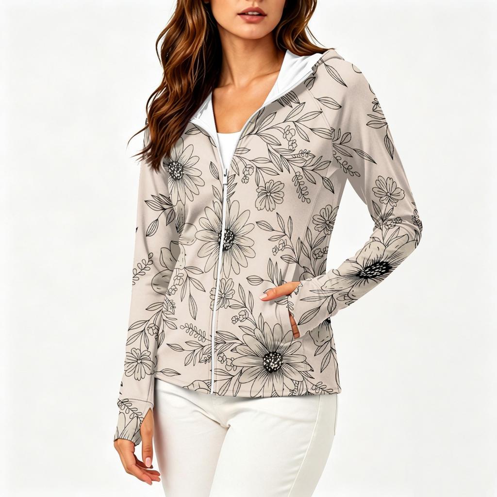Women's Lightweight Long Sleeve Zip Up Hoodie with Hood and Pockets Floral Print Sun Protection Jacket for Outdoor Activities