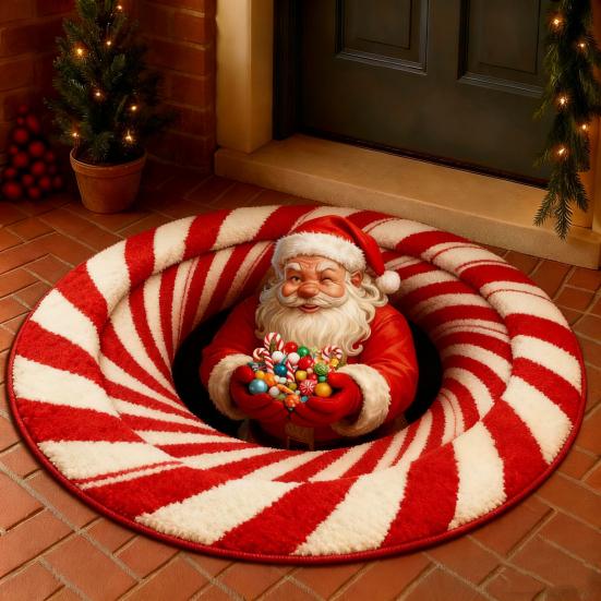 Christmas Santa Gnome Quilted Round Mat Festive Area Rug Non-Slip Backing Door Mat Living Room Bathroom Kitchen Absorbent Mat