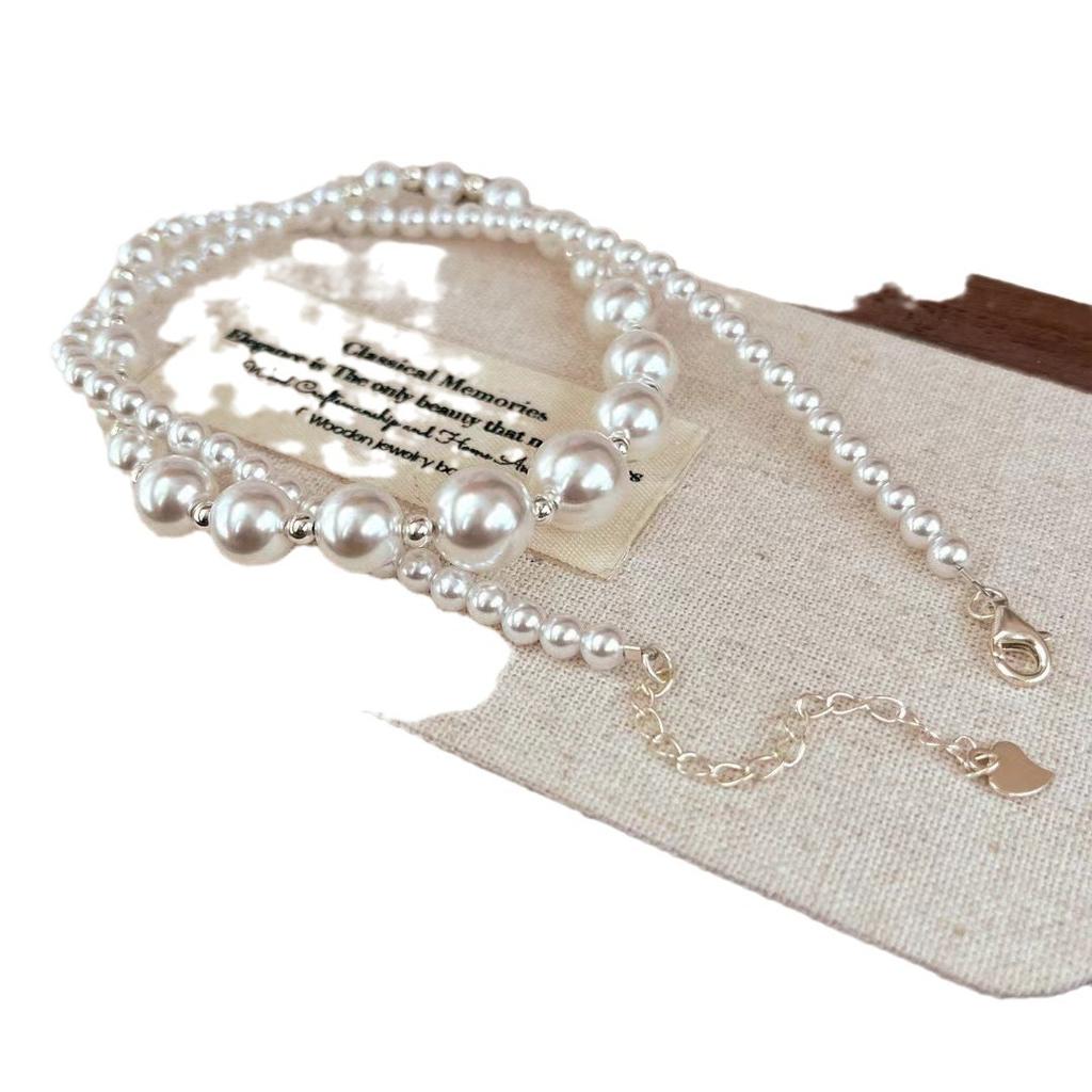 Retro 925 Silver Shijia Gradual Change Size Pearl Necklace Women'S New Temperament Light Luxury Design Sense Collarbone