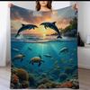 1pc Warm Flannel Throw Blanket Featuring Vibrant Sunset Seascape with Dolphins And Coral Reef Cozy Cover for Sofa Travel Camping L