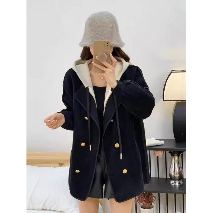 

Women s Black Faux Two-Piece Hooded Long-Sleeve Double-Sided Woolen Coat - New Winter Design L