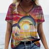 Women's T-Shirts Dolphin Print Tops V-Neck Fashion Female Vintage Aesthetics Tees Loose Oversized Funny Clothing