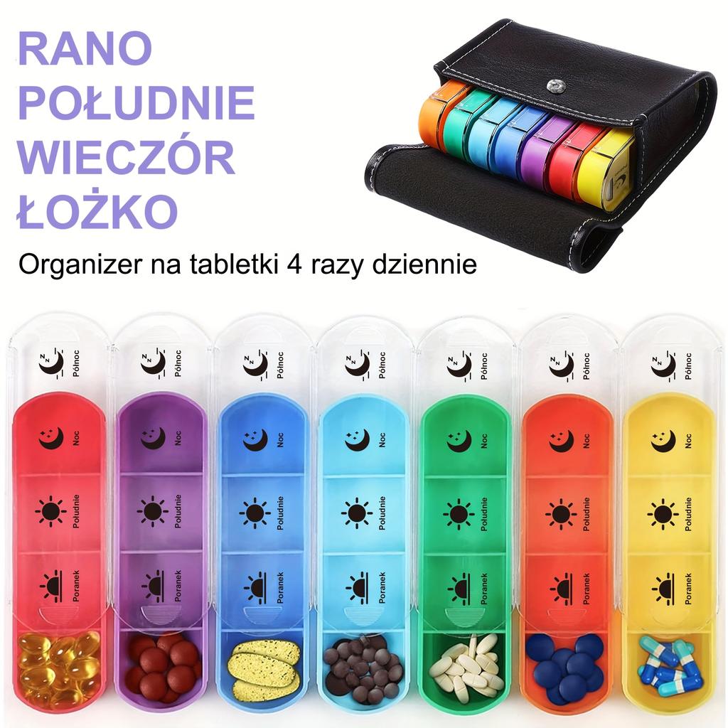 (Polish printing)Weekly Pill Organizer Box Case Travel Medication Reminder Daily AM PM, Day Night 7 Compartments