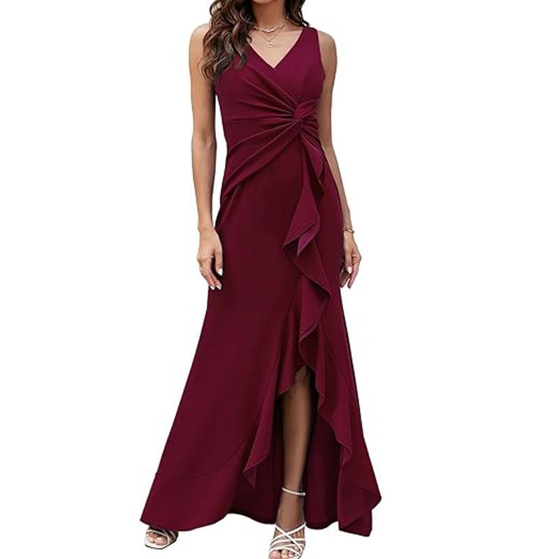 Sexy Slit Ruffled Sleeveless Evening Women's Dresses Fashionable V Neck Slim Pleated Elegant Female Maxi Long Dress