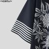 INCERUN Oversized Men Lapel Short Sleeve Floral Striped Casual Loose Shirts
